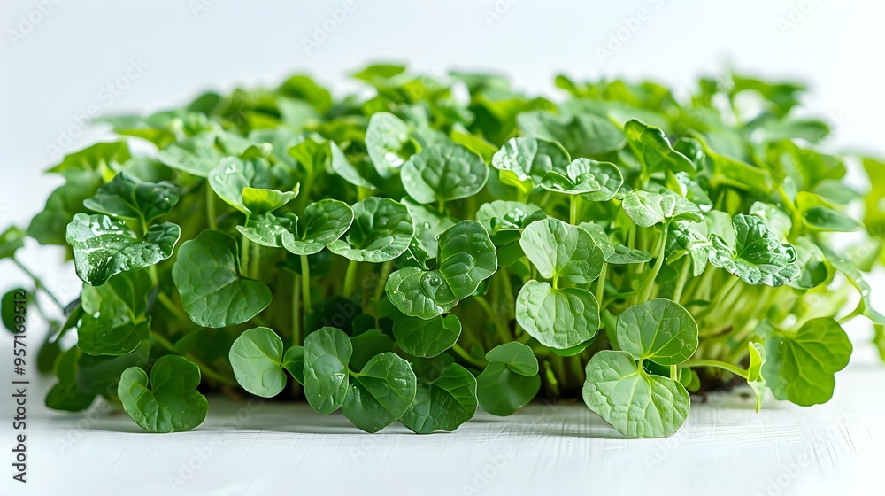 Fresh microgreens growing in rows, vibrant green watercress sprouts on white background, healthy organic superfood for restaurant garnish and salads. Fresh microgreens growing in rows, vibrant green watercress sprouts on white background, healthy organic superfood for restaurant garnish and salads.