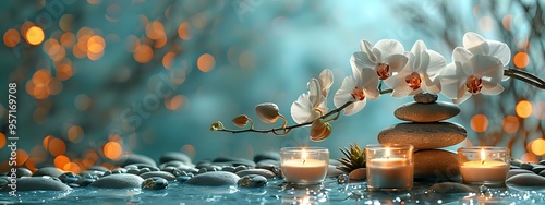 Beautiful zen stones pyramid with cherry blossom on turquoise background with golden bokeh lights, spa and wellness panoramic scene for meditation.