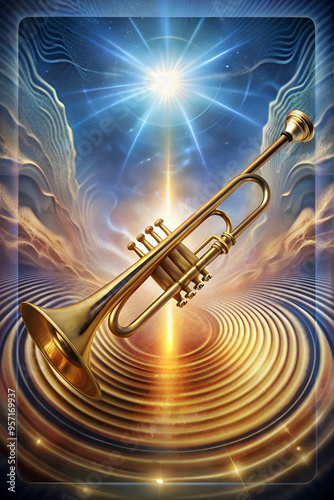 A golden trumpet is suspended in the air above a blue and yellow background. The trumpet is surrounded by a spiral of waves, and the sky is filled with stars. Concept of wonder and awe photo