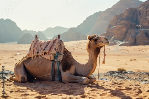 A serene camel rests under the sweltering sun in a vast desert, surrounded by rugged sandstone mountains, with supplies neatly strapped on its back.