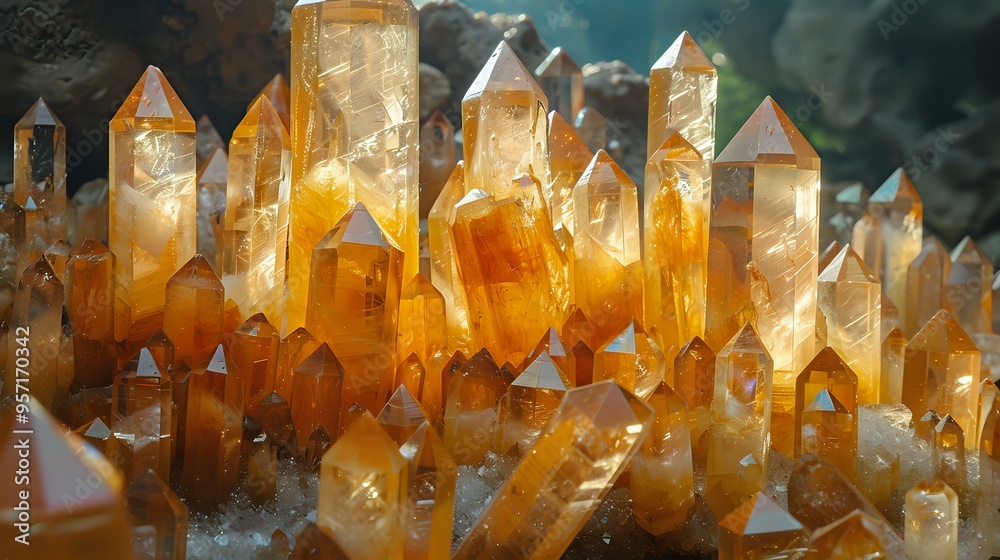 A close-up of glowing orange crystals, radiating warmth and natural beauty. Ideal for themes related to geology, minerals, energy, and natural elements in design and healing A close-up of glowing orange crystals, radiating warmth and natural beauty. Ideal for themes related to geology, minerals, energy, and natural elements in design and healing