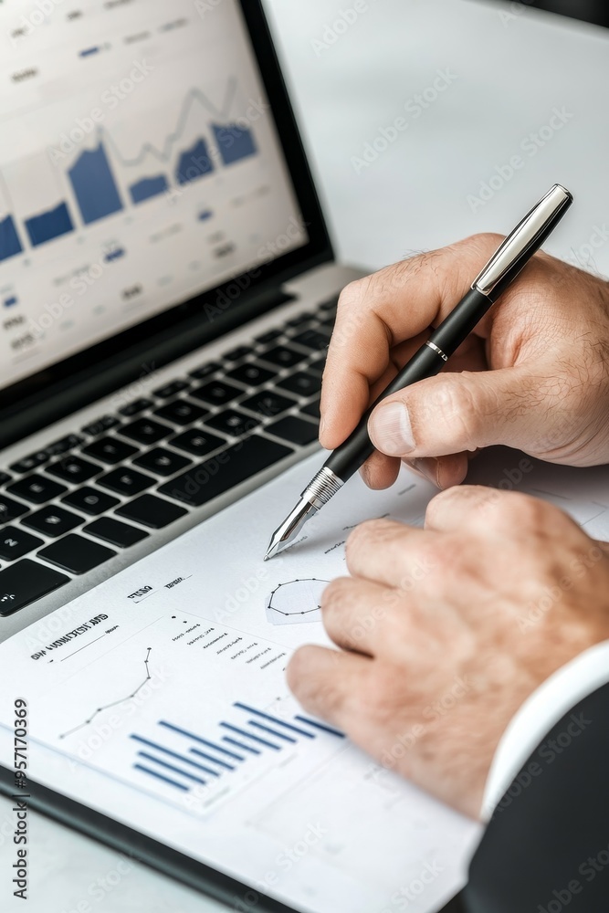 Hands holding a pen, meticulously writing on a business plan, with a laptop displaying charts in the background, representing strategic planning Hands holding a pen, meticulously writing on a business plan, with a laptop displaying charts in the background, representing strategic planning