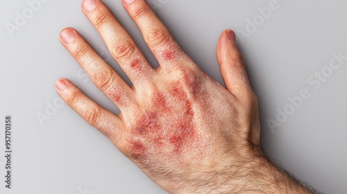 Hand displaying numerous blisters, highlighting the effects of a skin-related health issue or infectious disease photo