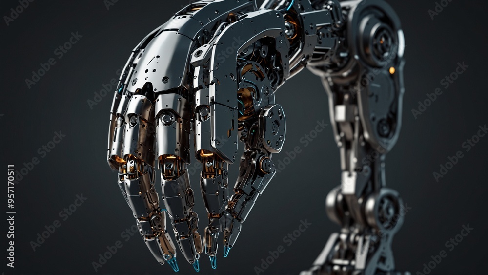 Fototapeta premium Futuristic robotic arm with intricate mechanical details on dark.