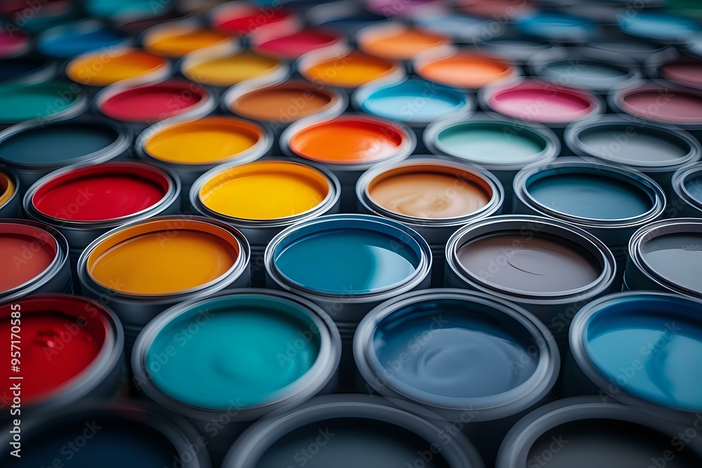 Fototapeta premium A vibrant assortment of open paint cans showcasing a wide range of colors, symbolizing creativity, art, and design. Perfect for themes related to painting, interior design, and artistic projects.