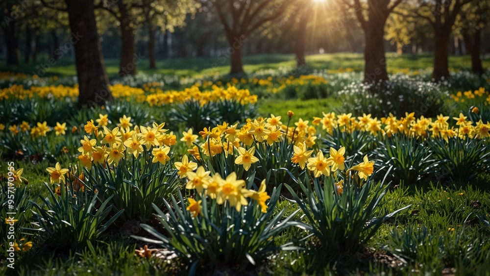 Obraz premium Daffodils in full bloom in a sunlit garden with trees in the background.
