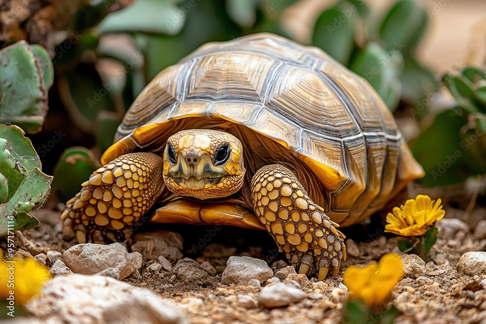 Naklejka premium Yellow-Footed Tortoise Walking on Gravel with Yellow Flowers