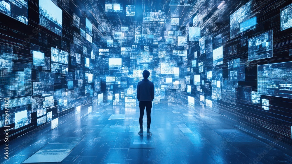 A lone figure walks through a digital landscape, surrounded by screens that represent the vastness of information and the interconnectedness of the world A lone figure walks through a digital landscape, surrounded by screens that represent the vastness of information and the interconnectedness of the world