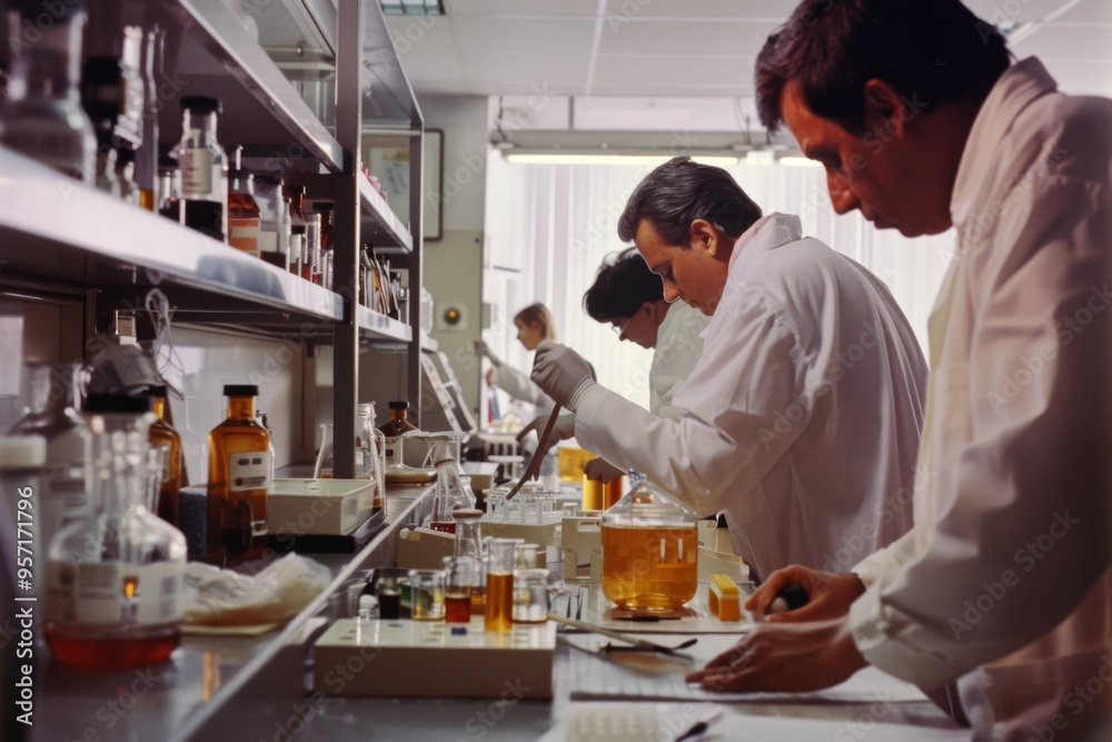 Scientists in white lab coats conduct experiments in a laboratory, surrounded by glassware and chemical solutions, working diligently and with focus. Scientists in white lab coats conduct experiments in a laboratory, surrounded by glassware and chemical solutions, working diligently and with focus.