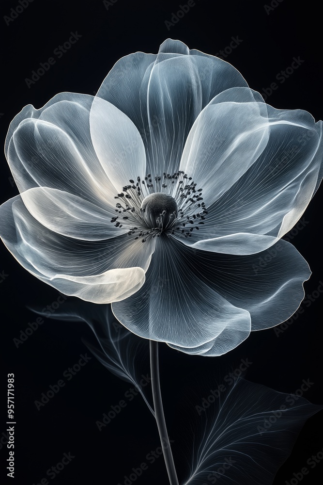 A stylized, translucent flower with delicate petals and intricate details against a dark background A stylized, translucent flower with delicate petals and intricate details against a dark background