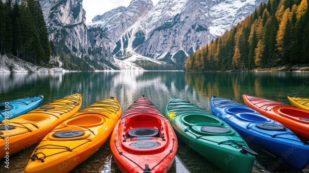 Fototapeta premium Kayak boat in still quiet lake water with snow mountain forest