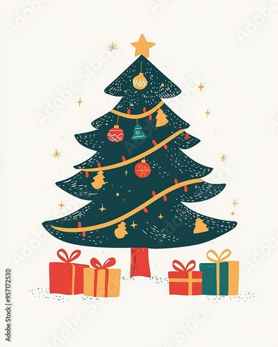Simple vector illustration of a Christmas tree with gifts on a white background.