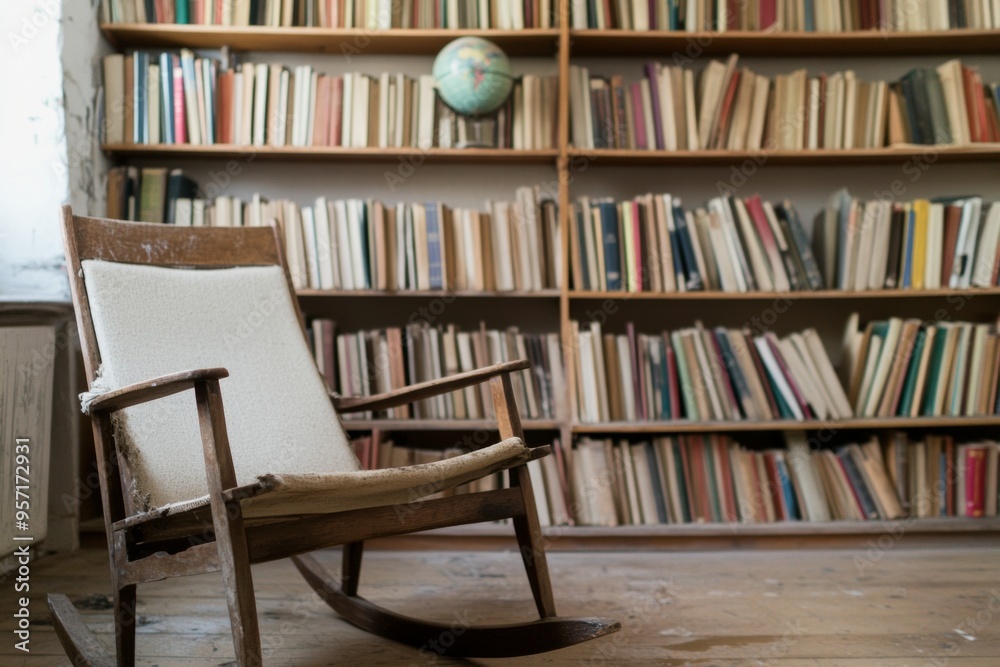 Antique Cozy Home Library with a Bookshelf, Heirloom Rocking Chair, and Vintage Globe in Warm Serene Lighting for a Historical Nostalgic Ambiance Antique Cozy Home Library with a Bookshelf, Heirloom Rocking Chair, and Vintage Globe in Warm Serene Lighting for a Historical Nostalgic Ambiance