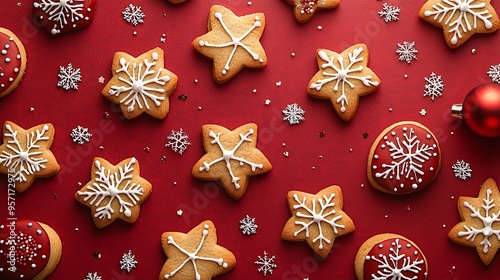 Gingerbread cookies shaped like stars and round ornaments, decorated with detailed white snowflake icing, scattered on a red background with white snowflakes.