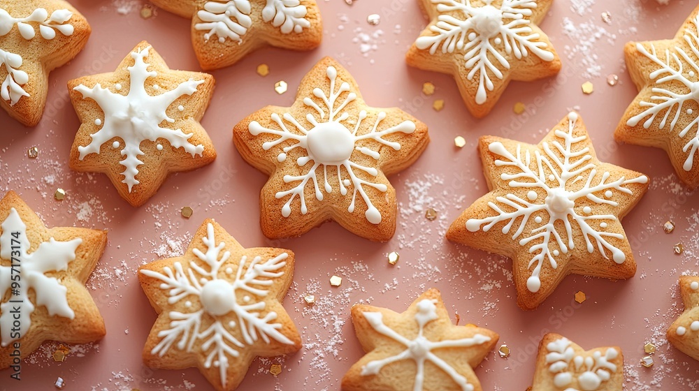 Festive snowflake-shaped sugar cookies with intricate white icing patterns are beautifully arranged on a pink surface, creating a delightful winter holiday treat presentation. Festive snowflake-shaped sugar cookies with intricate white icing patterns are beautifully arranged on a pink surface, creating a delightful winter holiday treat presentation.