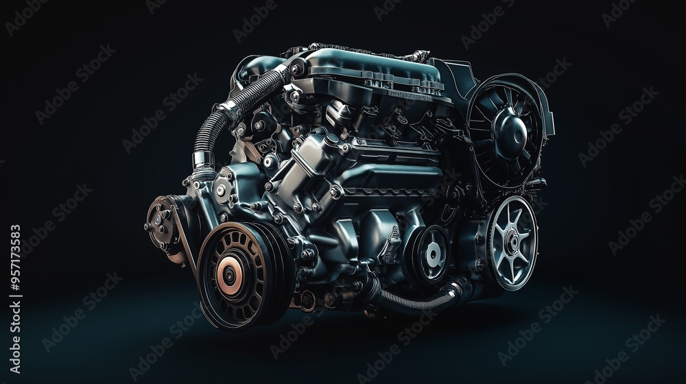 High-Resolution Internal Combustion Engine Isolated on Black Background, Showcasing Its Complex Components and Design Features