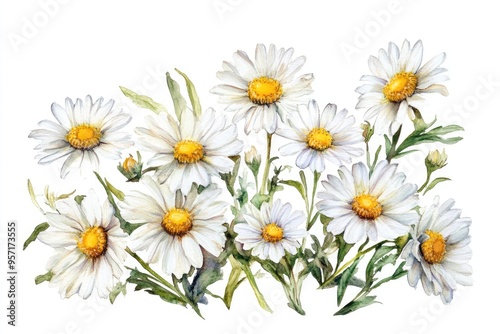 Daisies are arranged gracefully on a white backdrop, showcasing vibrant yellow centers and soft white petals in an elegant watercolor style