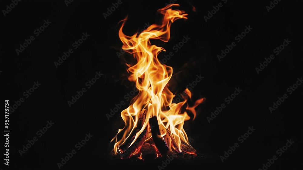 Fototapeta premium Dynamic orange dancing flames on a black background, showcasing the beauty and warmth of fire in artistic form.