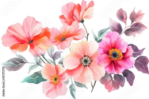 A vibrant arrangement of watercolor flowers in soft shades of pink and coral, complemented by lush green leaves, elegantly set against a white backdrop