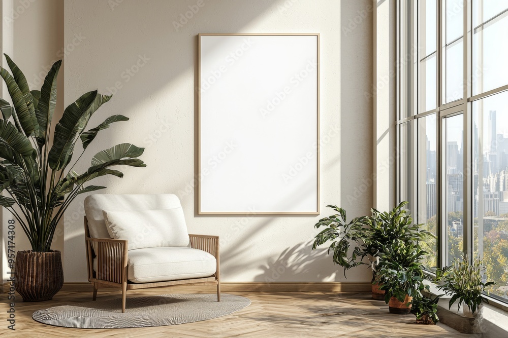 Poster Frame in Beige minimalist living room interior created with generative AI Poster Frame in Beige minimalist living room interior created with generative AI