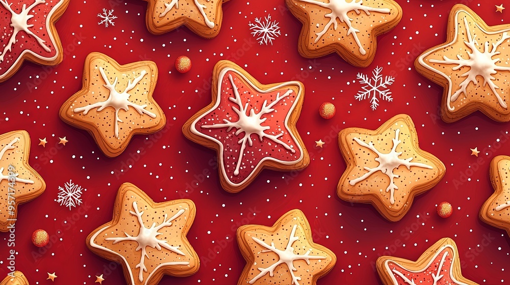 Featuring decorative star-shaped cookies with red and white icing, this image captures a festive atmosphere, set against a vibrant red background, perfect for holiday themes. Featuring decorative star-shaped cookies with red and white icing, this image captures a festive atmosphere, set against a vibrant red background, perfect for holiday themes.