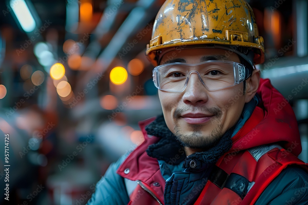 smiling construction worker wearing safety gear and a hard hat stands confidently on-site, symbolizing expertise, teamwork, and professionalism in the industrial sector