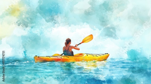 Watercolor painting of a female kayaking in water