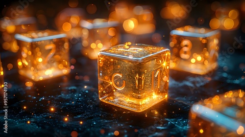 A glowing set of transparent cubes with numbers and symbols inside, floating in a dark, sparkling environment. Perfect for illustrating futuristic concepts, gaming, or tech-related designs.