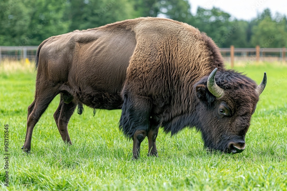 A Bison Grazing in a Field of Green Grass A Bison Grazing in a Field of Green Grass
