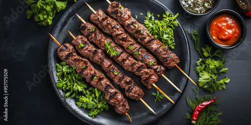 Grilled beef kebabs on a round platter with garnishes and herbs