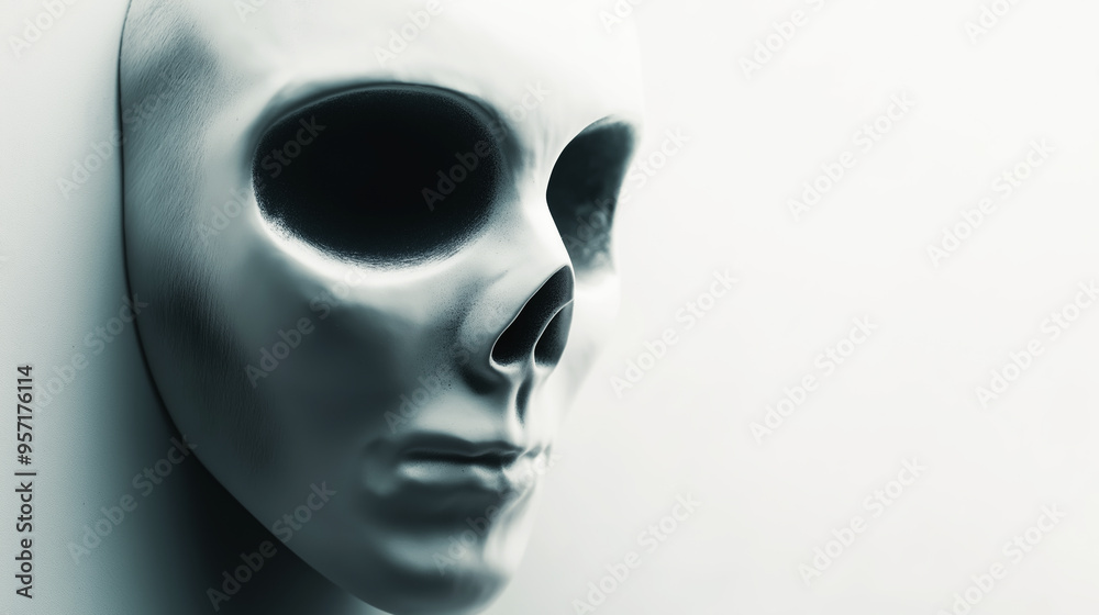 Close-up of a smooth, featureless skull with hollow eye sockets against a pale background, creating a minimalist and eerie atmosphere Close-up of a smooth, featureless skull with hollow eye sockets against a pale background, creating a minimalist and eerie atmosphere