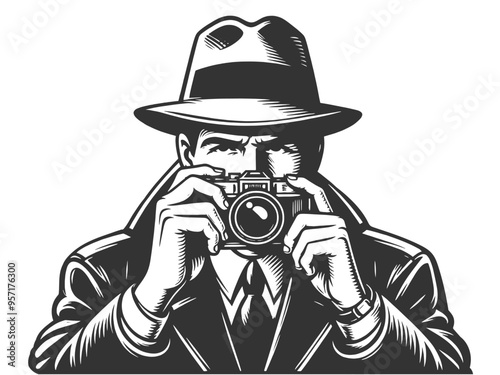 spy paparazzi detective photographer, classic noir style sketch engraving generative ai fictional character vector illustration. Scratch board imitation. Black and white image.