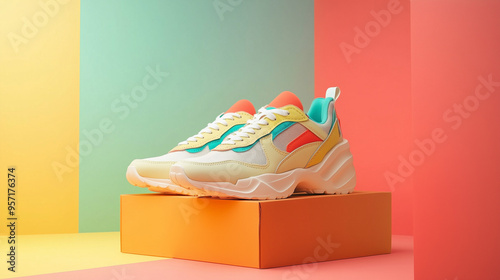 Close-up photo of multi-colored retro style sports sneakers on a neutral background. Vintage retro style from the 80s-90s.