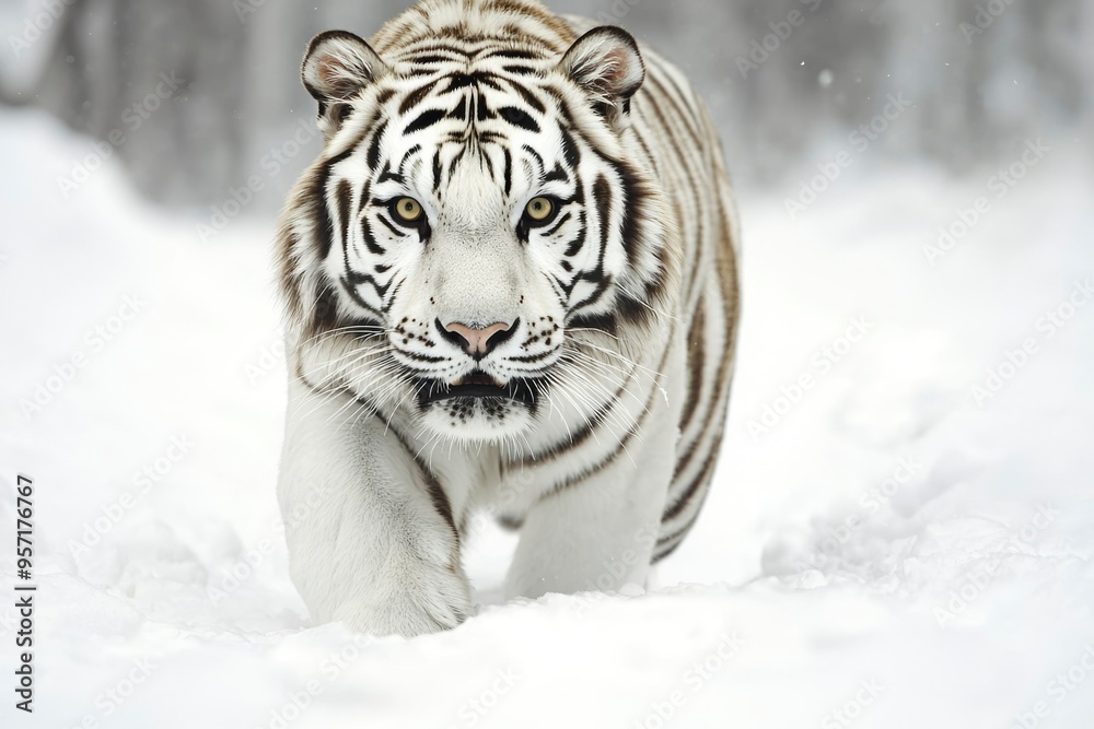 Fototapeta premium White Tiger Walking Through Snow