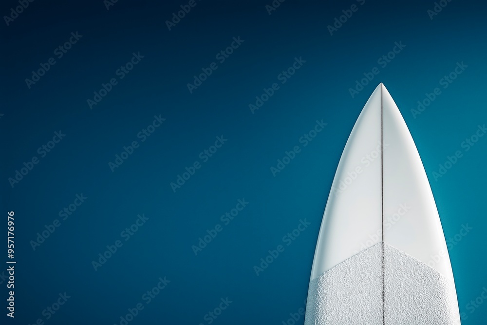 Surfboard tip against a blue background showcasing design details, copy space for text, surt concept Surfboard tip against a blue background showcasing design details, copy space for text, surt concept