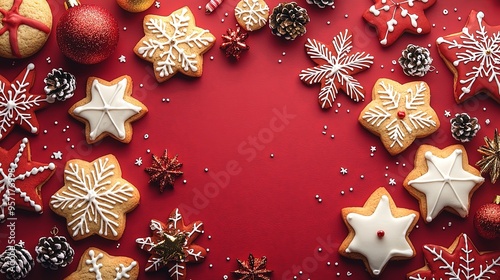 Christmas cookies decorated with white icing forming snowflake patterns, arranged on a red table with festive ornaments, creating a holiday atmosphere. photo