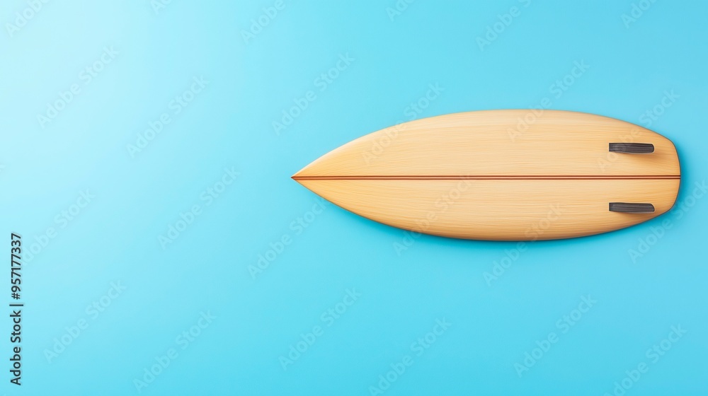 Wooden surfboard rests on a bright blue background, copy space for text, surt concept Wooden surfboard rests on a bright blue background, copy space for text, surt concept
