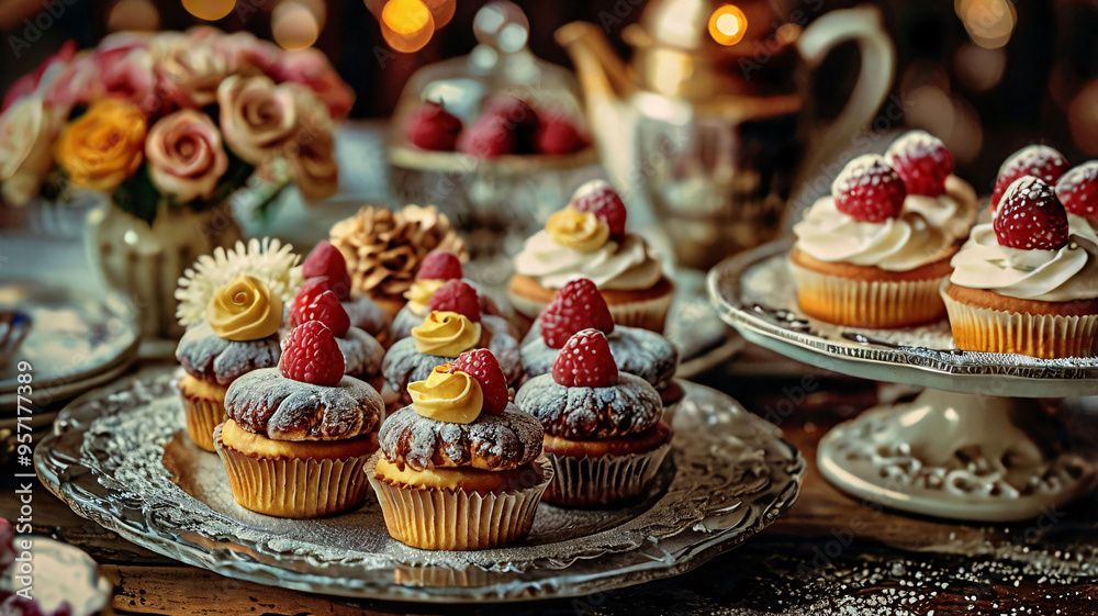 Luxurious Dessert Table with Elegant Pastries and Warm Ambient Lighting, small cake on table Luxurious Dessert Table with Elegant Pastries and Warm Ambient Lighting, small cake on table
