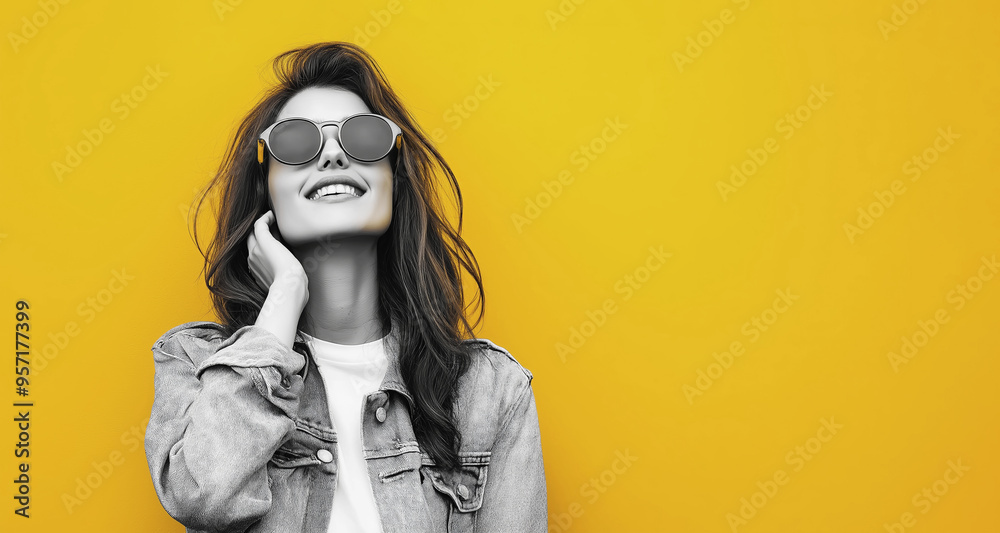 Smiling woman in black and white against a bright yellow background, wearing sunglasses and a denim jacket, exuding confidence and style Smiling woman in black and white against a bright yellow background, wearing sunglasses and a denim jacket, exuding confidence and style