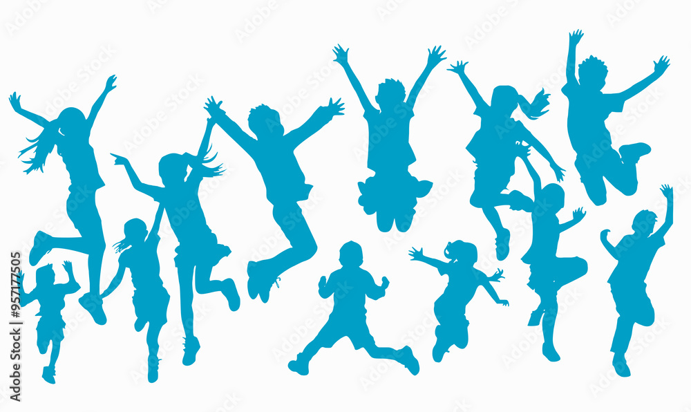 Flat vector silhouettes of kids preschool jumping for joy and playing Flat vector silhouettes of kids preschool jumping for joy and playing