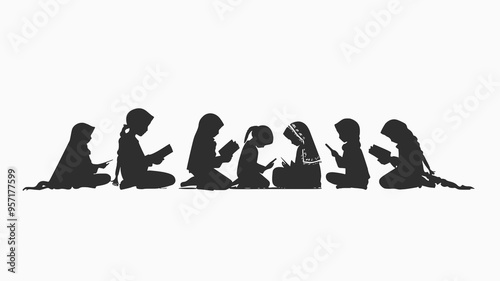 Black and white vector simple silhouette graphic of islamic kids reading profile view isolated on a white background