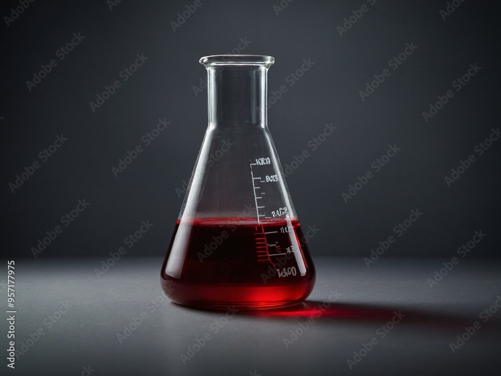Realistic image of an Erlenmeyer flask with red liquid against a grey background. Realistic image of an Erlenmeyer flask with red liquid against a grey background.