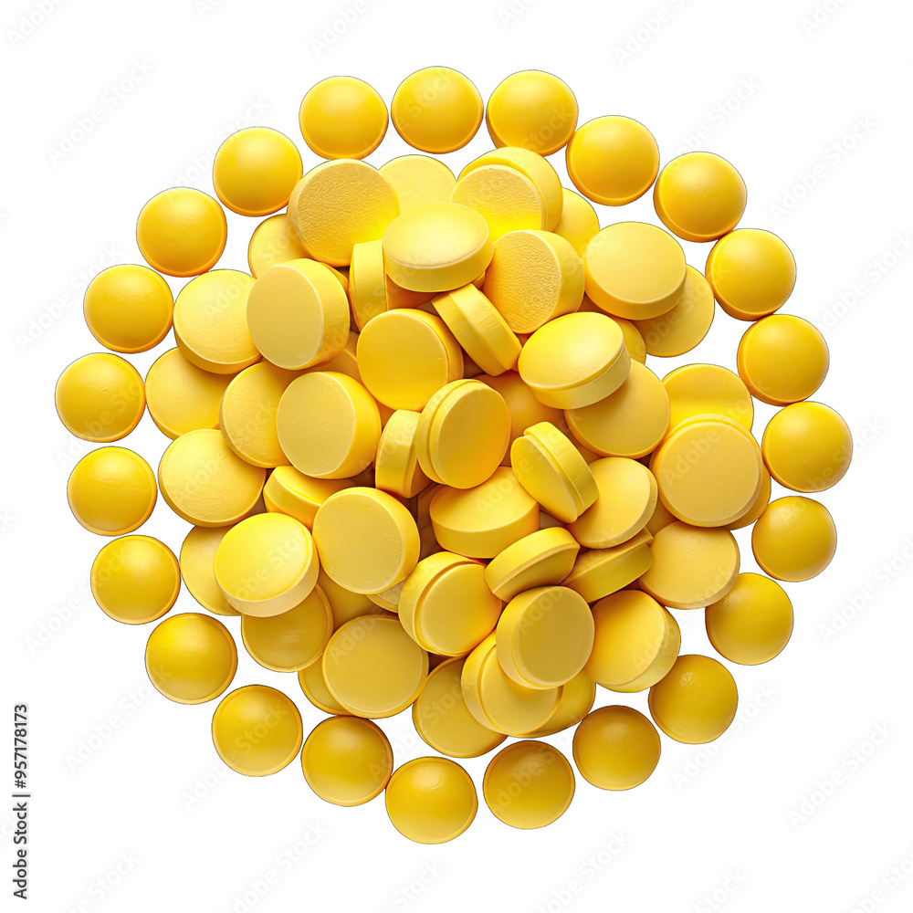 A group of round, yellow pills are arranged in a circular pattern on a white surface. The pills are tightly packed together, creating a dense, textured surface A group of round, yellow pills are arranged in a circular pattern on a white surface. The pills are tightly packed together, creating a dense, textured surface