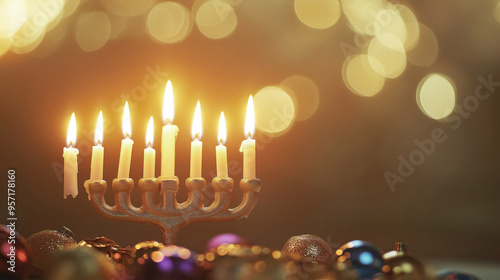 Lit menorah with glowing candles surrounded by festive ornaments creating a warm and serene atmosphere for Hanukkah celebration photo