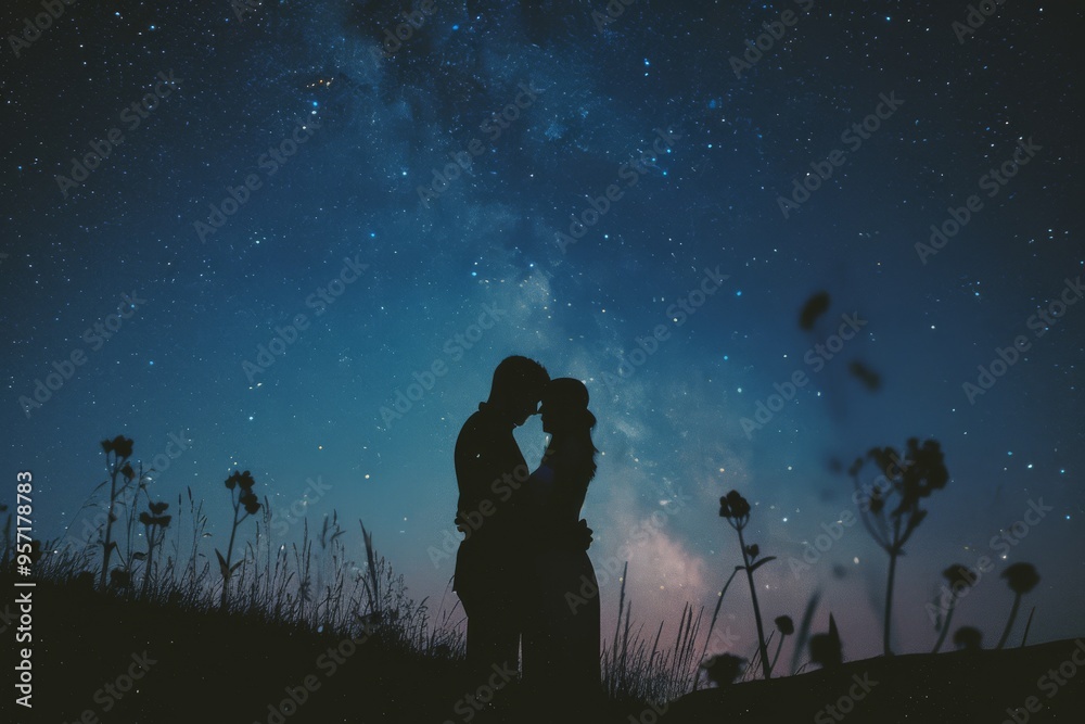 A couple shares a romantic moment, silhouetted against a stunning starry sky, with the Milky Way prominently visible, highlighting love and the beauty of the cosmos. A couple shares a romantic moment, silhouetted against a stunning starry sky, with the Milky Way prominently visible, highlighting love and the beauty of the cosmos.