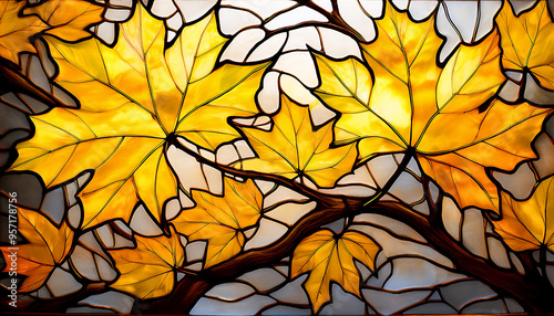 Stained glass depicting autumn yellow maple leaves on branches; flat lay