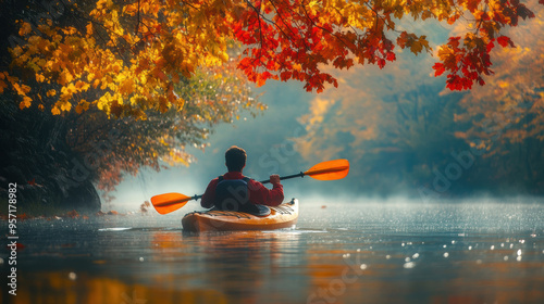 A person kayaking in water with colorful Autumn foliage woods