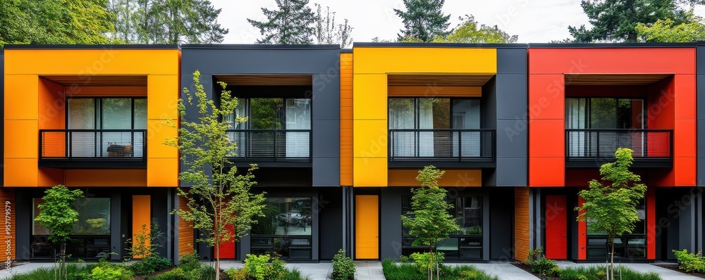 Naklejka premium Vibrant Modern Townhouses with Colorful Facades