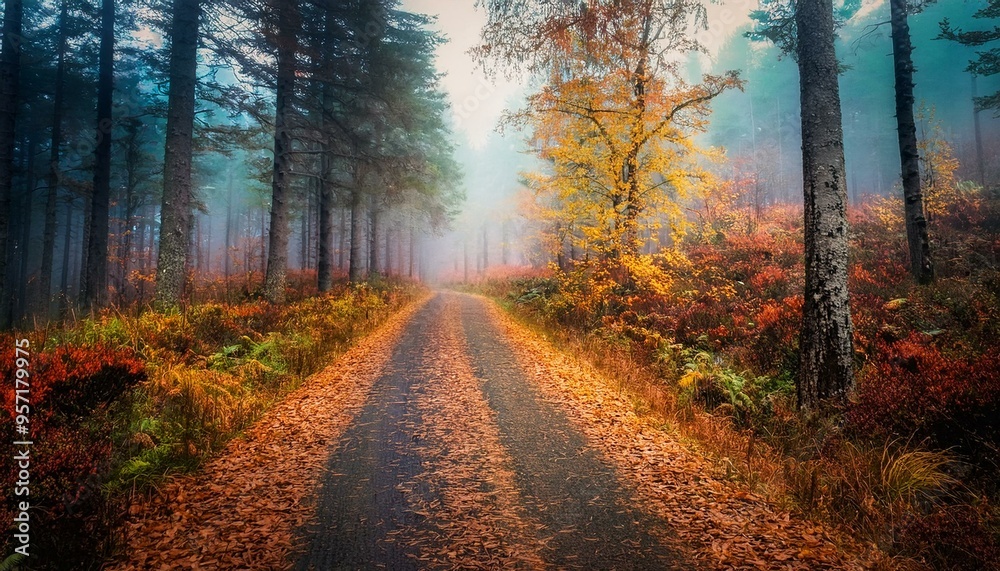 Obraz premium Sendero rústico en medio de un bosque profundo de otoño