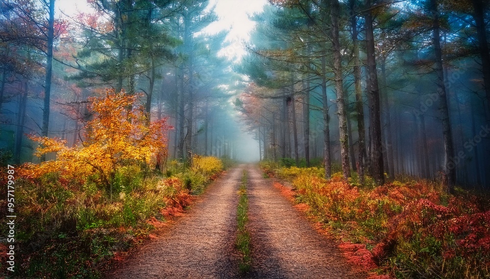 Obraz premium Sendero rústico en medio de un bosque profundo de otoño